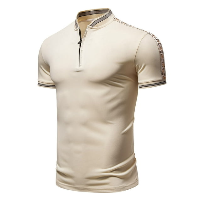 pstuiky Camisas de manga corta para hombre, Camisa informal de manga corta con cuello alto, bordado y cremallera de color liso para hombre camisas casuales para hombre l