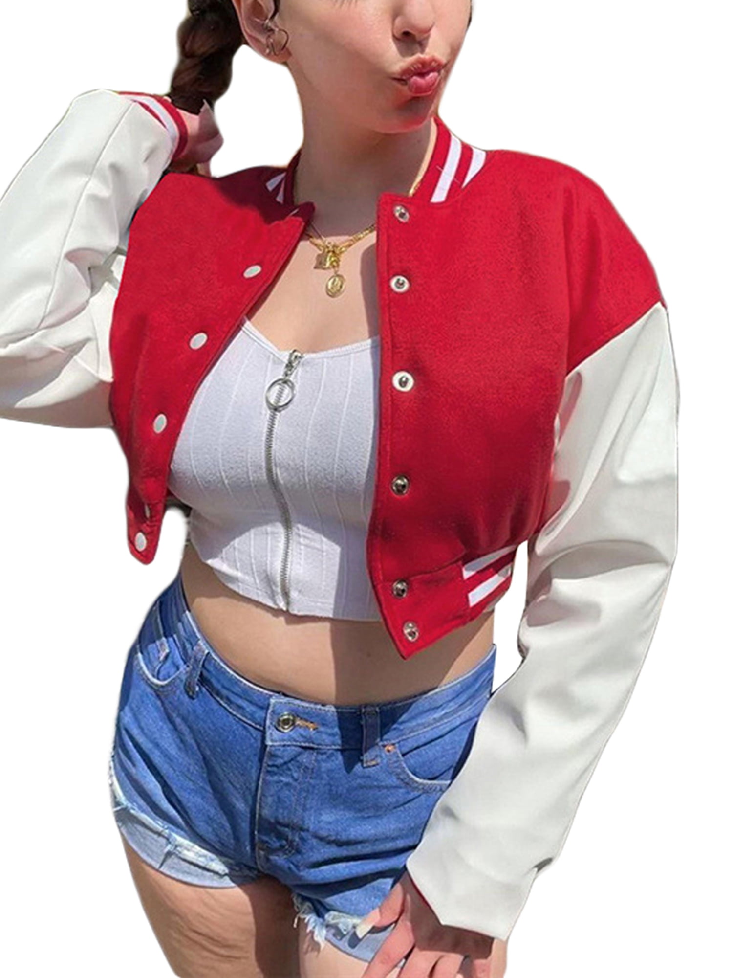Seyurigaoka Women Juniors Bomber Jacket, Button Open Front Long Sleeve