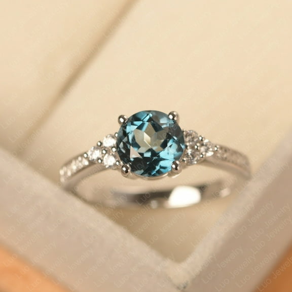 London blue topaz ring, sterling silver, wedding ring, round cut, November birthstone