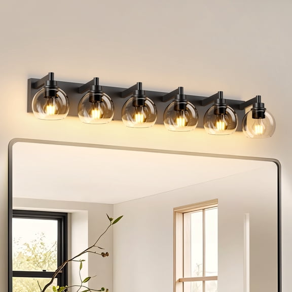 Industrial Bathroom Vanity Light,4-Light Bathroom Lights Over Mirror with Clear Glass Globe Shade and Metal Base, Matte Black Bathroom Vanity Light Fixture(Bulbs Not Included)
