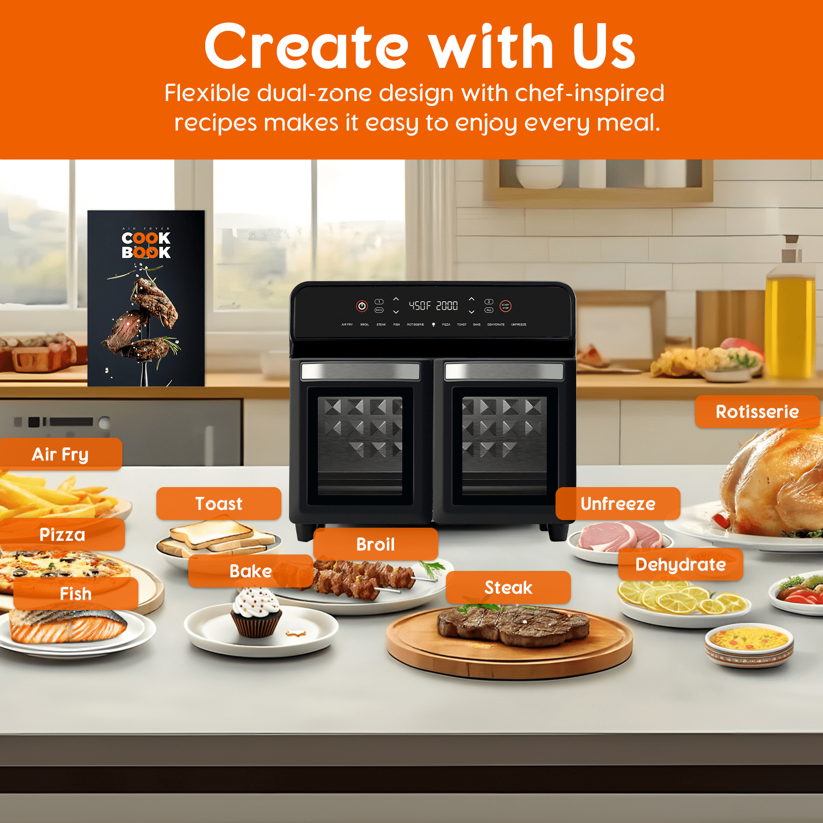 24QT Dual Zone Air Fryer Oven With Rotisserie,10-In-1  Internal Stainless Steel Toaster Oven Air Fryer Combo 1800W For Family Cooking