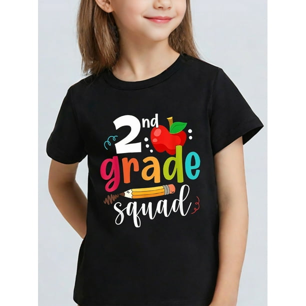 Camiseta de cuello redondo 100 % algodón con estampado de escuadrón de segundo grado para niña - Camiseta informal, deportiva y de verano con diseño de manzana en forma de lápiz. Ligera, transpirable