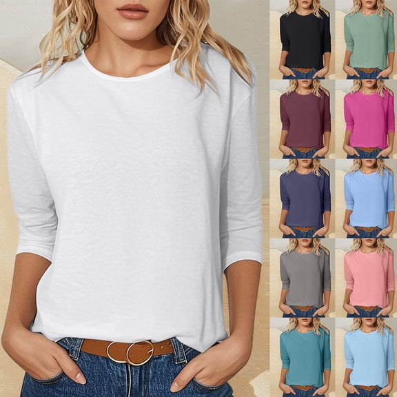 Women T Shirts Women Casual Crewneck Print 3/4 Sleeve Soft Stretch Daily Top Green L
