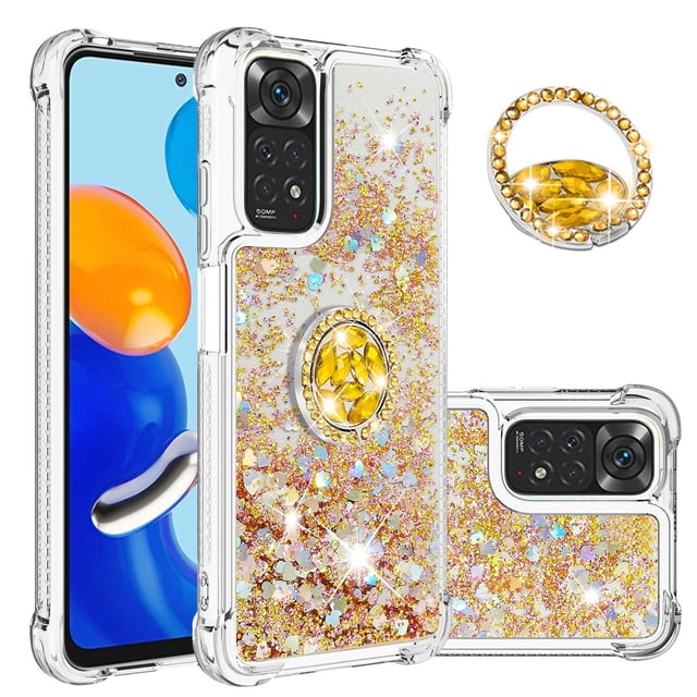 Funda para Xiaomi Redmi Note 11 4G/Note 11S 4G con Brillo Líquido Flotante, Purpurina, Parachoques y Anillo Giratorio Soporte