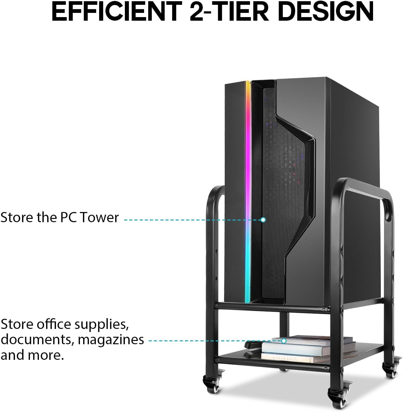 360Tronix Height Adjustable Computer Tower Stand, Metal Rolling Cart on Wheels for ATX Case Printer, Black Square Tube