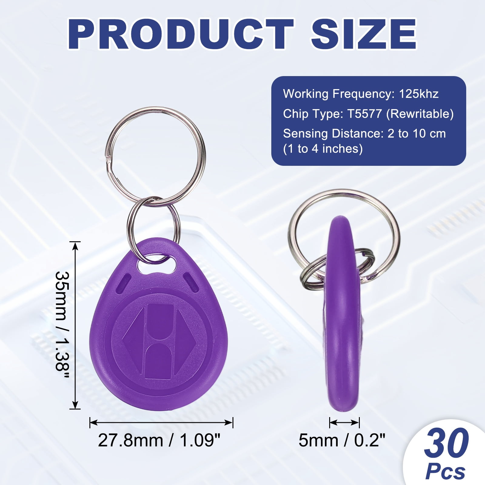 Uxcell 125kHz T5577 RFID Key Fob Tag, (Purple) (30pcs), Writable Rewritable Smart Key Fobs Tags Blank Clone IC Card Key Classic 1K, Suit for - Entry Access Control Systems