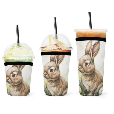 

Set of 3 Packs Reusable Hot And Iced Coffee Cup Sleeve Neoprene Tumbler Sleeve Easter Bunny Beautiful Flowers Eggs(16 24 32oz)