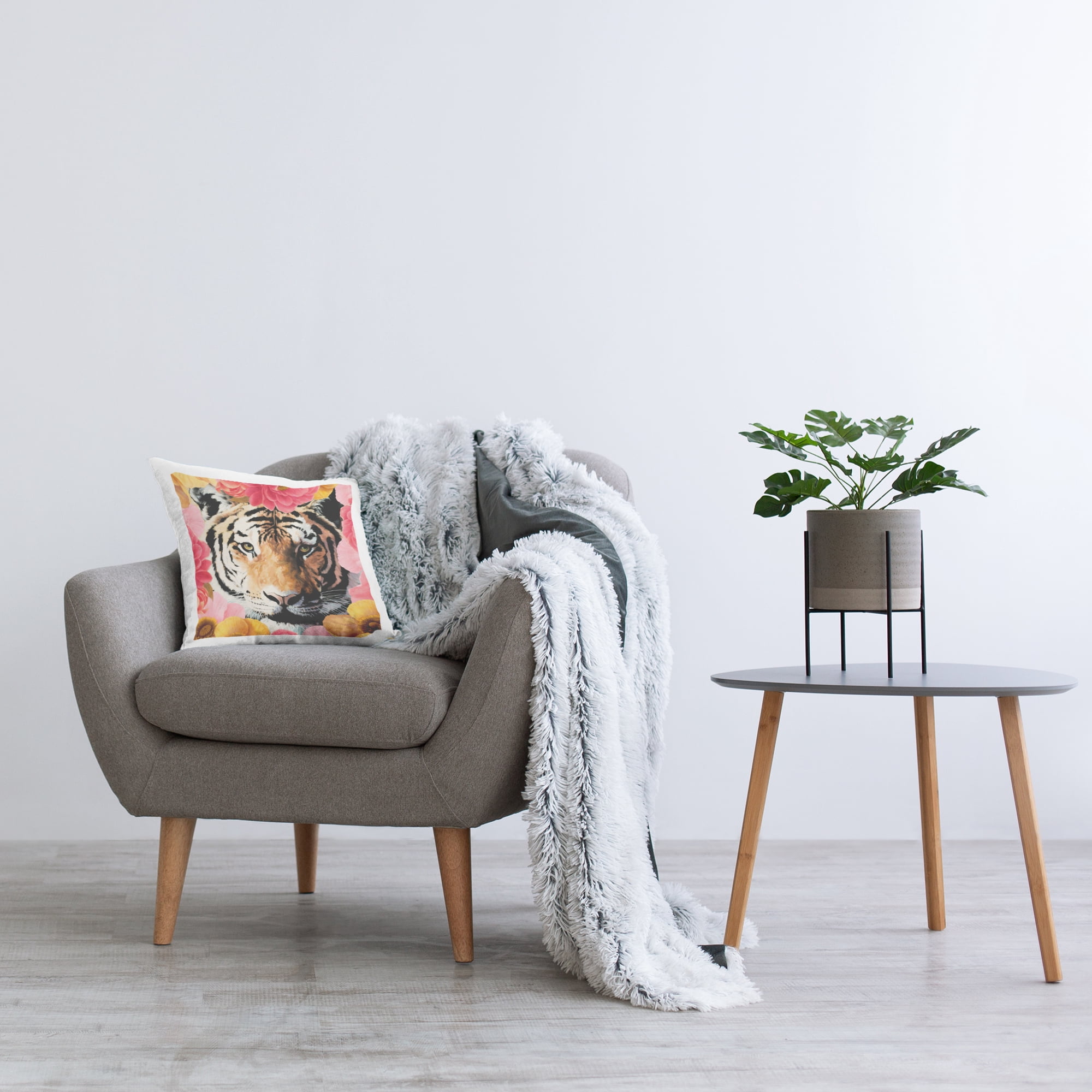 Stupell Industries Tiger on Dahlia Florals Decorative Printed Throw Pillow Design by Vivien Rhyan.