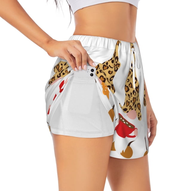 Balery Christmas Gnomes In Leopard Pantalones cortos deportivos para mujer con forro y dos bolsillos, elásticos, para entrenamiento, gimnasio, yoga-Small