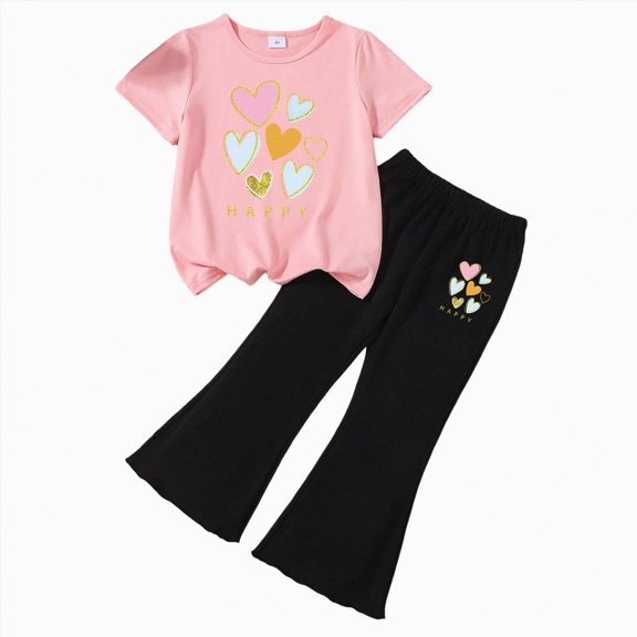 Gibobby Matching Sets for Girls Summer Solid Knit Short Sleeve T Shirt Flare Pants Bell Bottoms Athletic Clothes(2-3 Years,J)