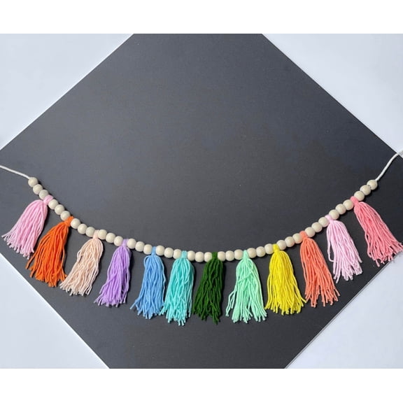 TOKATAN Boho Hanmade Wood Beads Garland with Tassels   2 Hooks| Yarn Fabric Decor for Nursery, Shower, Classroom, Birthday & Thanksgiving| Decorations, Western Fall Banner (Rainbow)