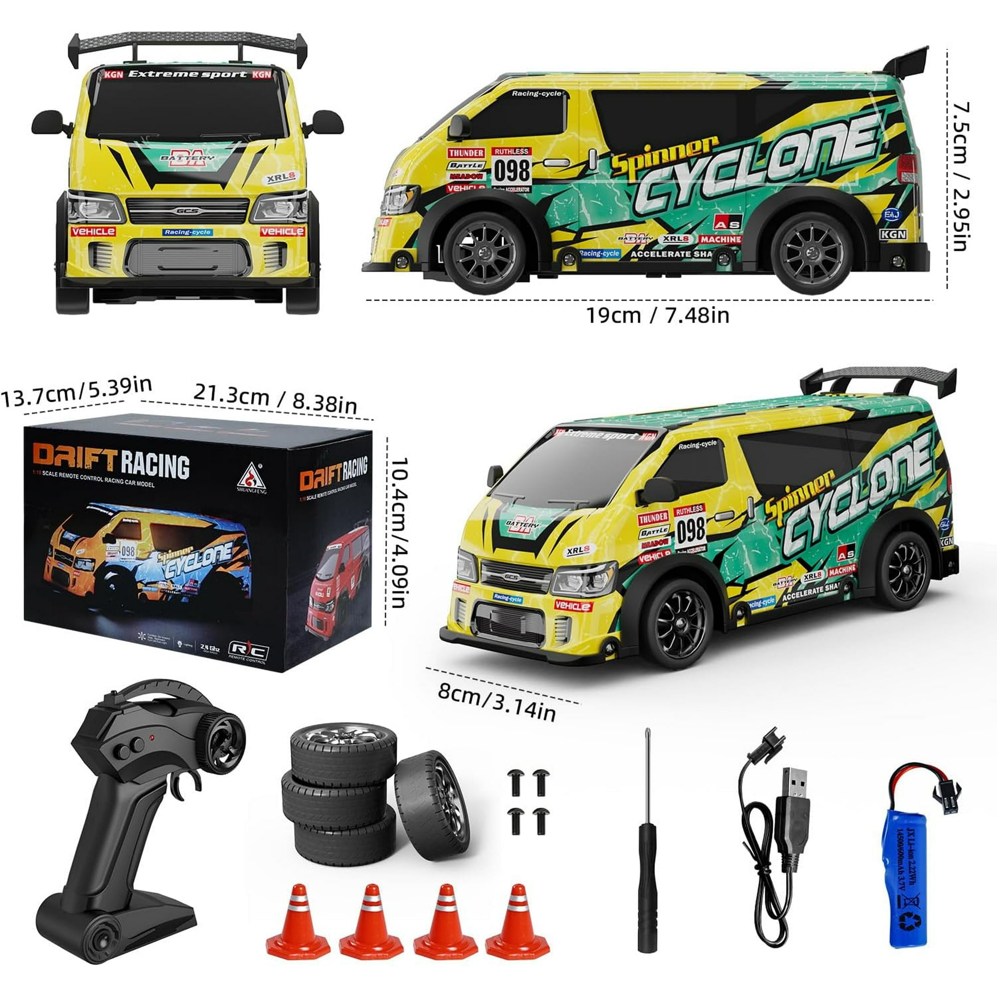 LC-dolida RC Drift Car, 1:24 Scale 4WD High Speed Remote Control Truck, 2.4GHz Drift Van with LED Lights & Cool luminous car shell,Yellow Cyan Off-Road Drifting RC Toy Gift for Boys Kids Ages 7-14