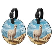 Alpaca 2Pcs PU Leather Round Luggage Tags with Privacy Cover and Name ID Tag for Suitcase, Handbags, Backpacks, School Bags