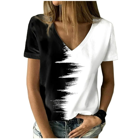Odeerbi Womens Tops Dressy 2025 Casual Blouse Trendy V-Neck Short Sleeve Print T-shirt White
