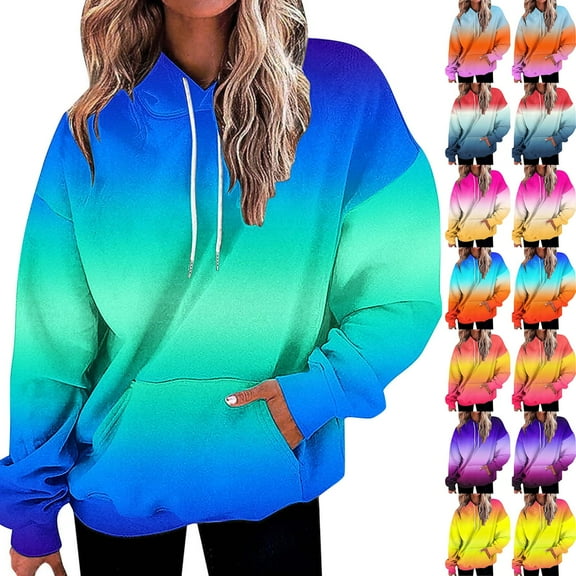 VEKDONE Womens Gradient Print Hoodie Oversized Loose Fit Pullover Hooded Fall Long Sleeve Plus Size Sweatshirt Drawstring Hoodies with Pockets