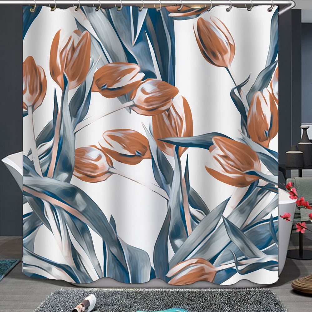 Tulip Flower Green Leaf Watercolor Waterproof Bathroom Fabric Shower Curtain 71" 