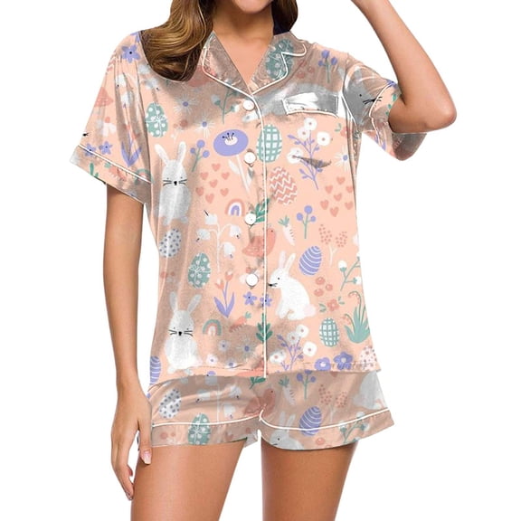 HNMKIU Ladies Easter Pajamas Set Fashion Casual 3D Digital Print Short Pajamas Pantsuit Spring Pajamas For Women Cute Holiday Sleepwear Plus Size Pajamas Grey,XXL