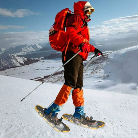 Adult Snowshoes with Adjustable Poles, 25-Inch Gold Frame with Grey Poles, 110-220LB Capacity for Winter Sports