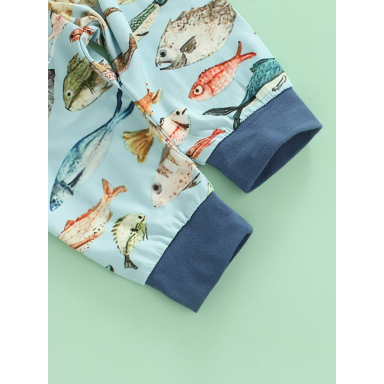 Qtinghua 3pcs Newborn Baby Boy Daddy's Fishing Buddy Short Sleeve Romper Fish Print Pants and Hat Clothes White Blue 3-6 Months, Infant unisex