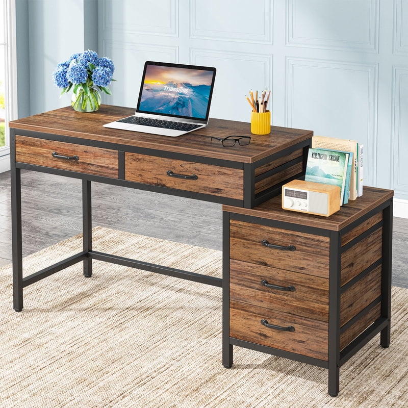 Tribesigns Computer Desk with 5 Drawers, Home Office Desks with Reversible Drawer Cabinet Printer Stand, Industrial PC Desk with Storage, Rustic Study Writing Table Workstation for Small Spaces