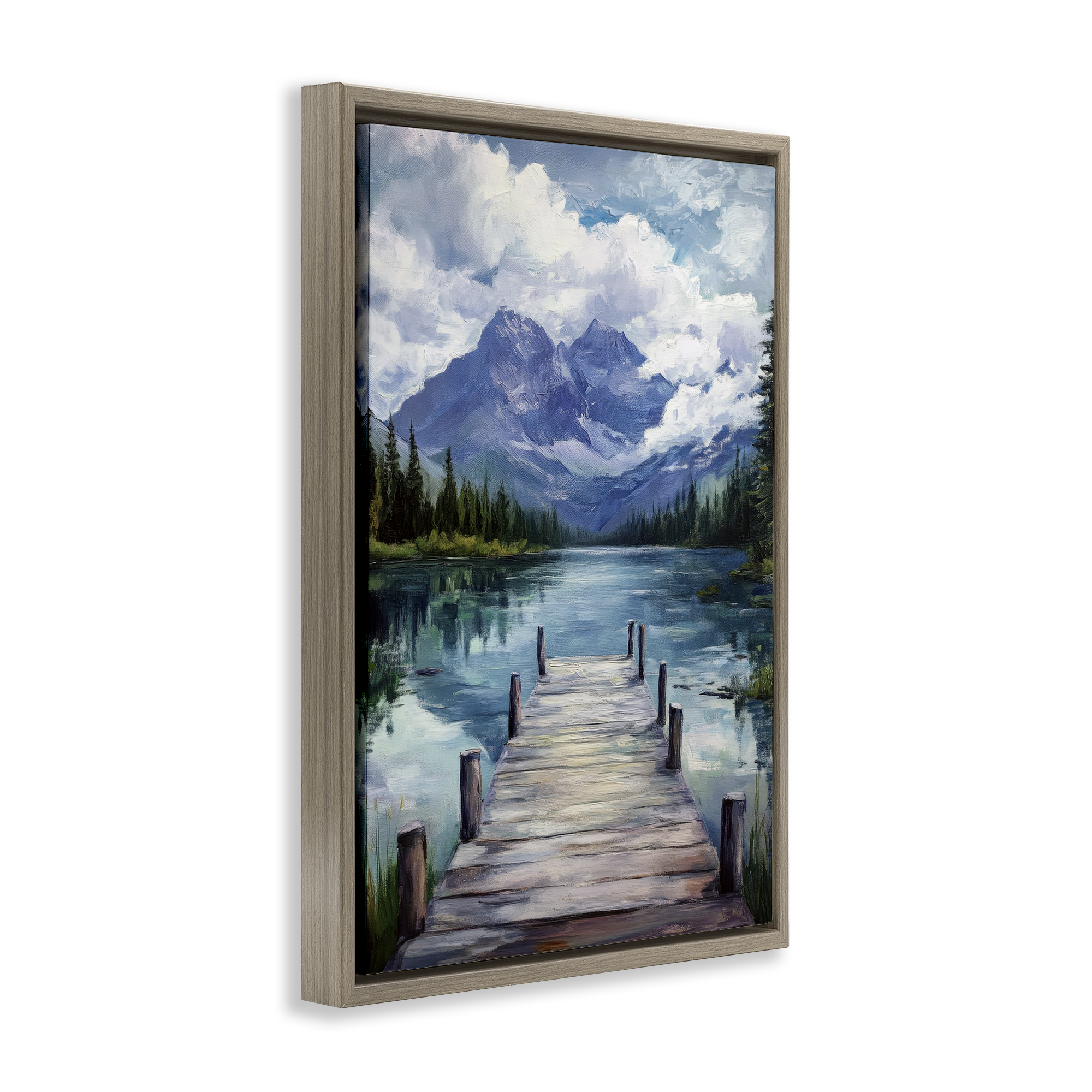 Stupell Industries Weathered Dock on Mountain Lake Brown Framed Floater Canvas Wall Art, design by Petal Prints Design