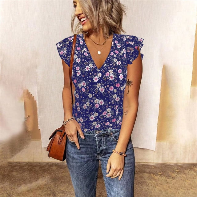 Camiseta de manga corta con estampado Floral Vintage para mujer, ropa informal holgada con volantes y cuello en V, moda de verano 2022