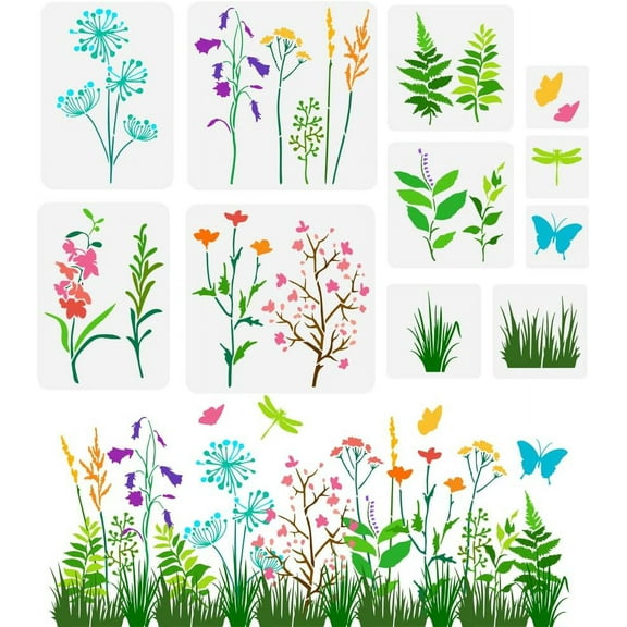 Wildflowers Stencils - 11 PCS Reusable Flower Shrub Grass Leaf Butterfly & Dragonfly Patterns for Painting on Wall & Wood DIY Home Decor