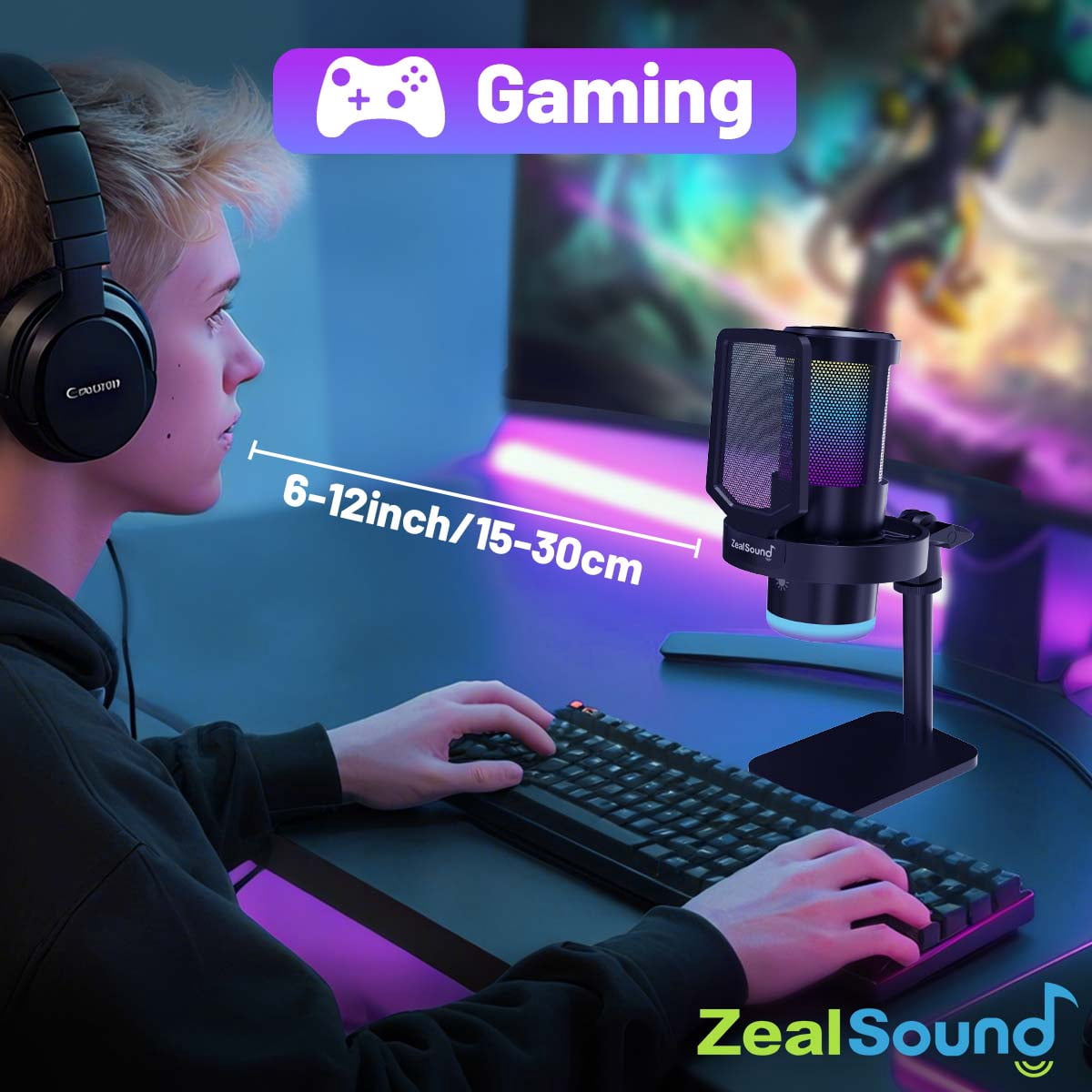ZealSound Gaming USB Microphone with RGB Light, Noise Cancelling, Echo and Mute Control, Plug & Play Condenser Mic for PC, Streaming, Podcast, and Recording on Mac & Window