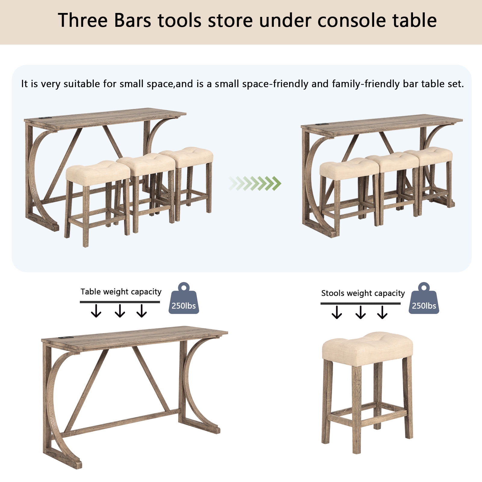 LUCKHAO 4-Piece Counter Height Bar Table Set with Socket and 3 Fabric Padded Bar Stools, Tall Kitchen Breakfast Dining Table Set with Stools