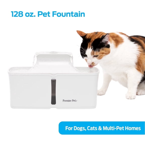 Premier Pet 128 oz. Pet Fountain, Automatic for Dogs, Cat, & Multi Pets, Filters Included, White