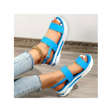 

Bellella Ladies Platform Sandal Summer Casual Shoes Strap Wedge Sandals Open Toe Beach Work Light Blue 9