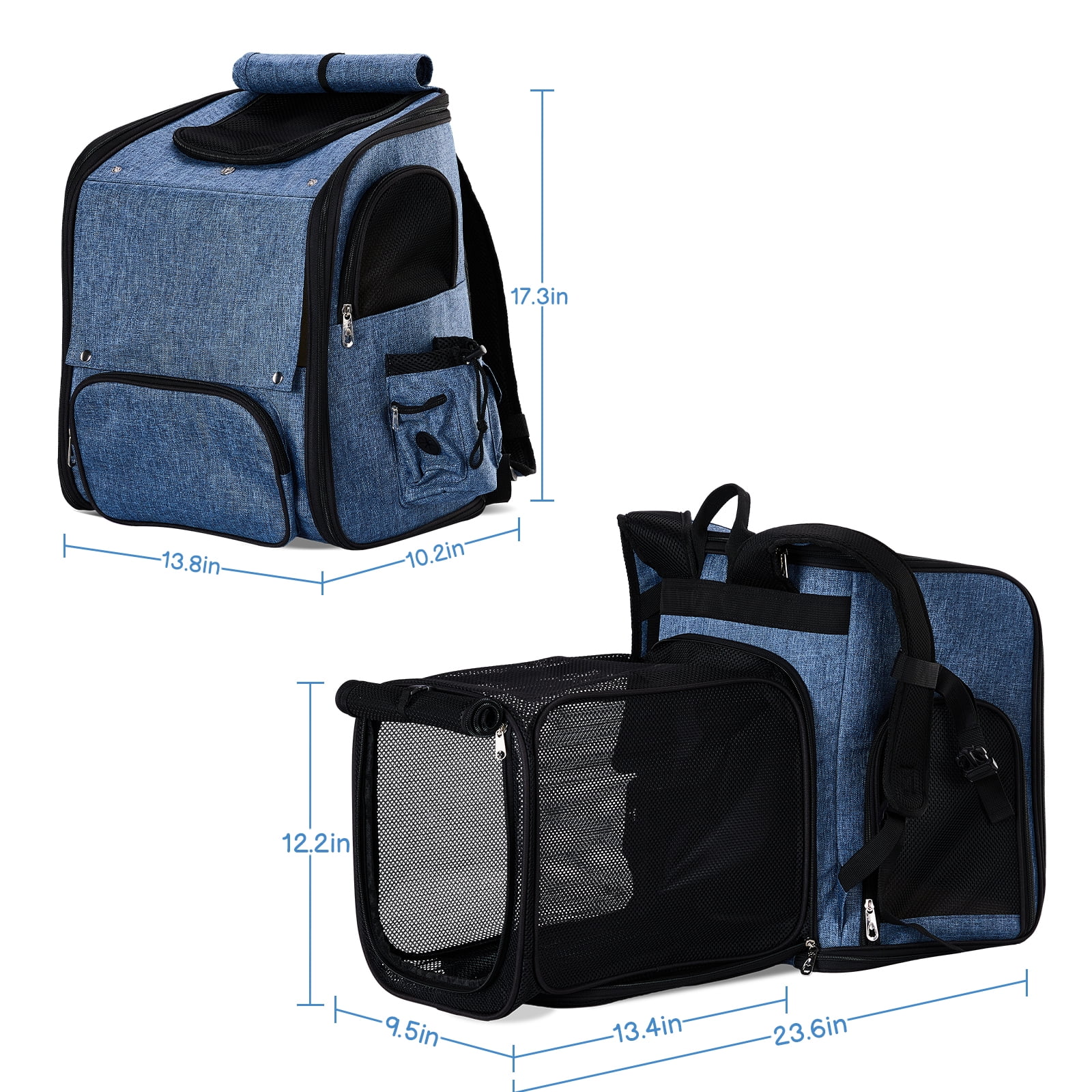 Expandable Pet Carrier Backpack for Cats and Small Dogs, Airline Approved Travel Backpack with Breathable Mesh, Holds up to 26 lbs, Denim Blue