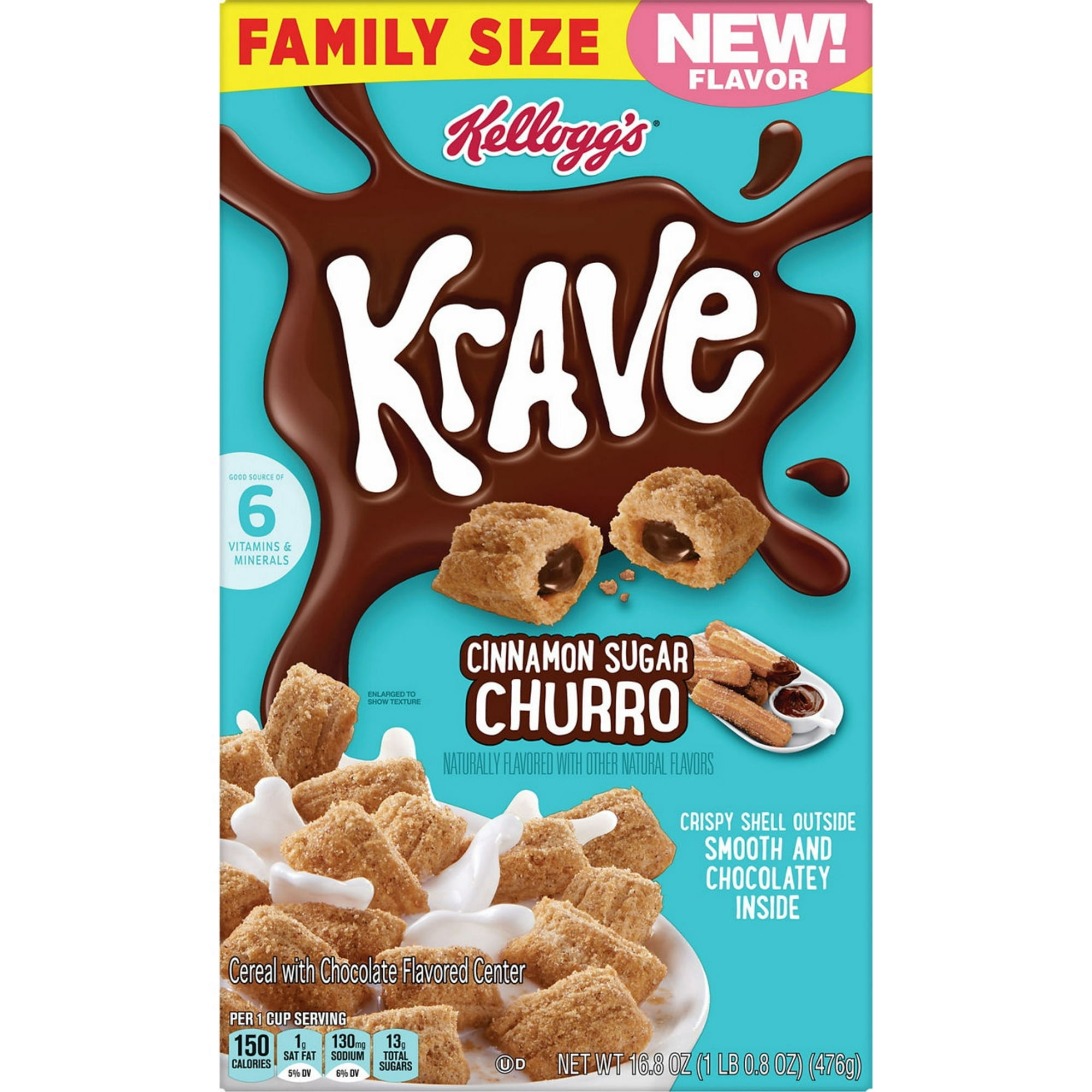 Kellogg's Krave Breakfast Cereal, Breakfast Food, Family Size, Cinnamon Sugar Churro, 16.8oz Box (1 Box)pack of 4