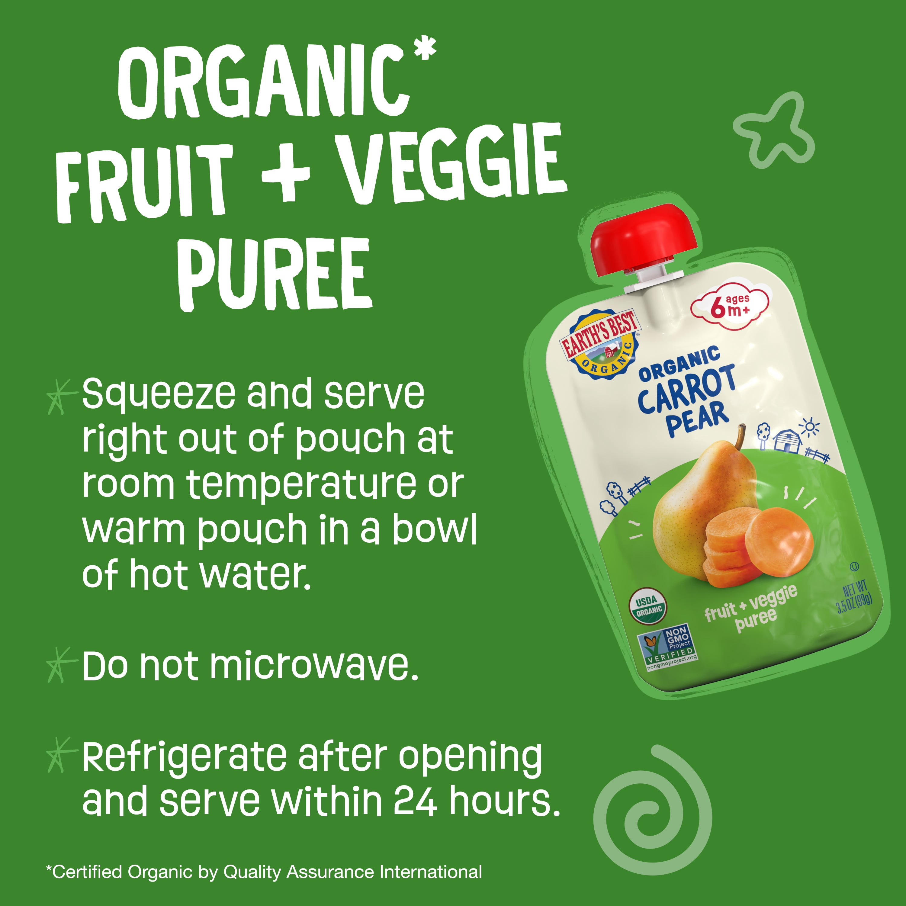 (12 pack) Earth's Best Organic Stage 2 Baby Food, Carrot Pear Fruit & Veggie Puree, 3.5 oz Pouch