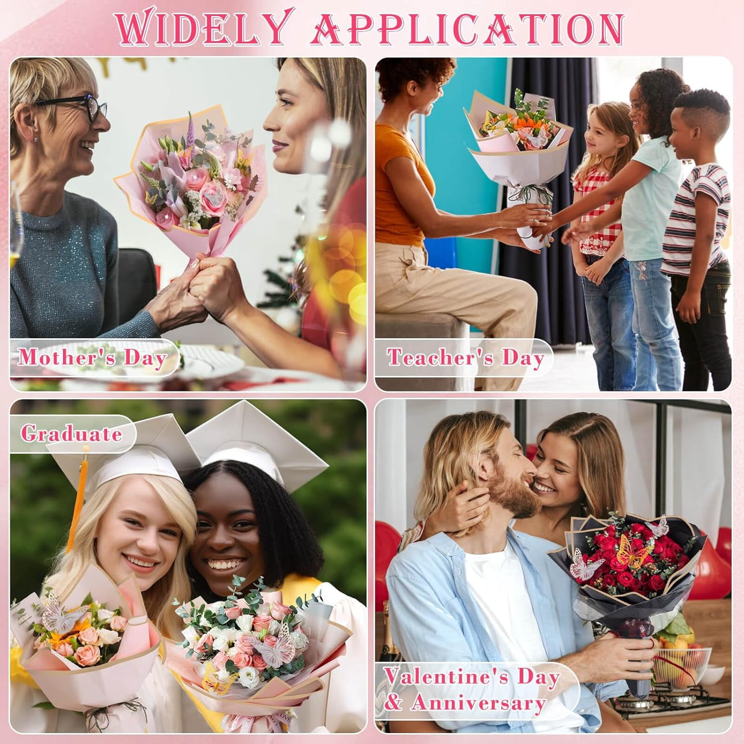ANHXN  Flower Bouquet Wrapping Paper Kit Includes Floral Paper, Butterflies, Bouquet Pins, Ribbons and Greeting Cards for Mother's Day Wedding Baby Shower Graduation