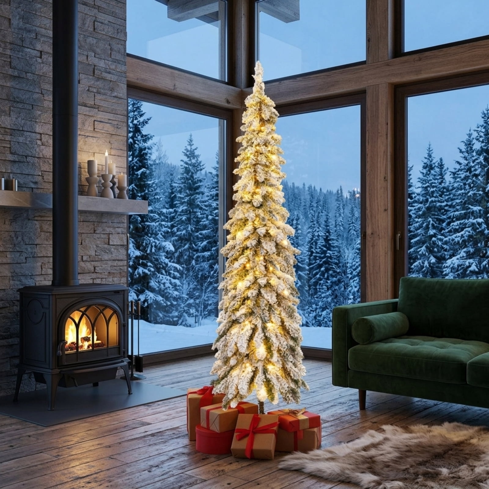 RUIE 5 ft Snow-Flocked Pencil Christmas Tree, Slim Pre-Lit Green White Xmas Tree with 150 LED Lights, 11 Modes and Timer
