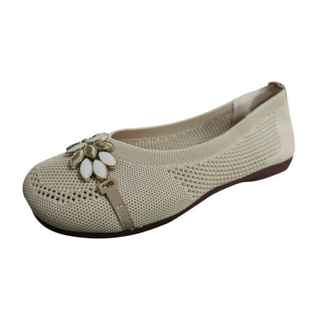 DVKOVI Women Business Casual Shoes Flats Shoes Women Dressy Comfortable Ladies Fashion Breathable Mesh Flower Rhinestone Decorative Flat Bottomed Casual Shoes Slip On Shoes Women Comfortable White 40