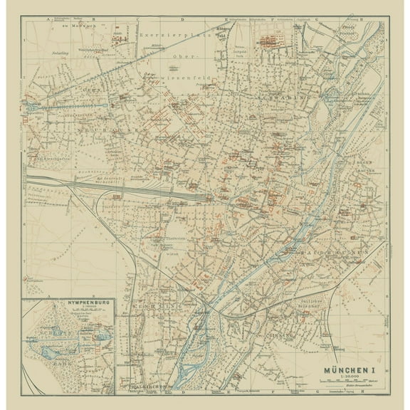 Historic Map - West Munich Germany - Baedeker 1914 - Vintage Wall Art