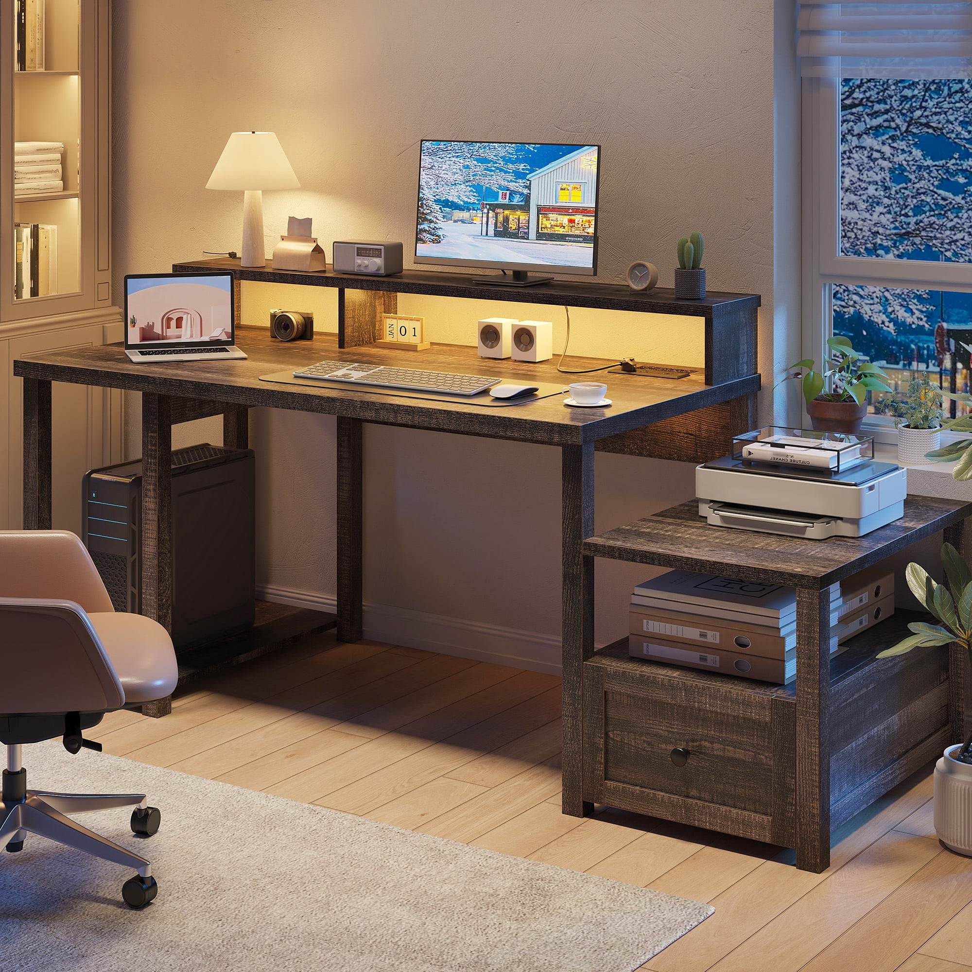 Romorgniz 60" Computer Desk Office Desk with Power Outlets & LED Light Home Office Desk with Drawers & 4 Open Storage Shelves Executive Desk with Monitor Stand for Working Writing,Dark Oak