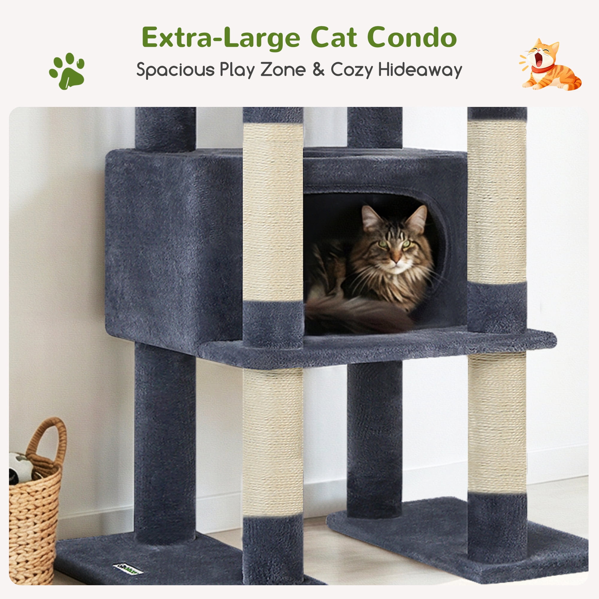 Globlazer 84" Multilevel Large Cat Tree Tower for Indoor Cats with 2 Condos, 3 Hanging Baskets & 8 Scratching Posts, Dark Gray