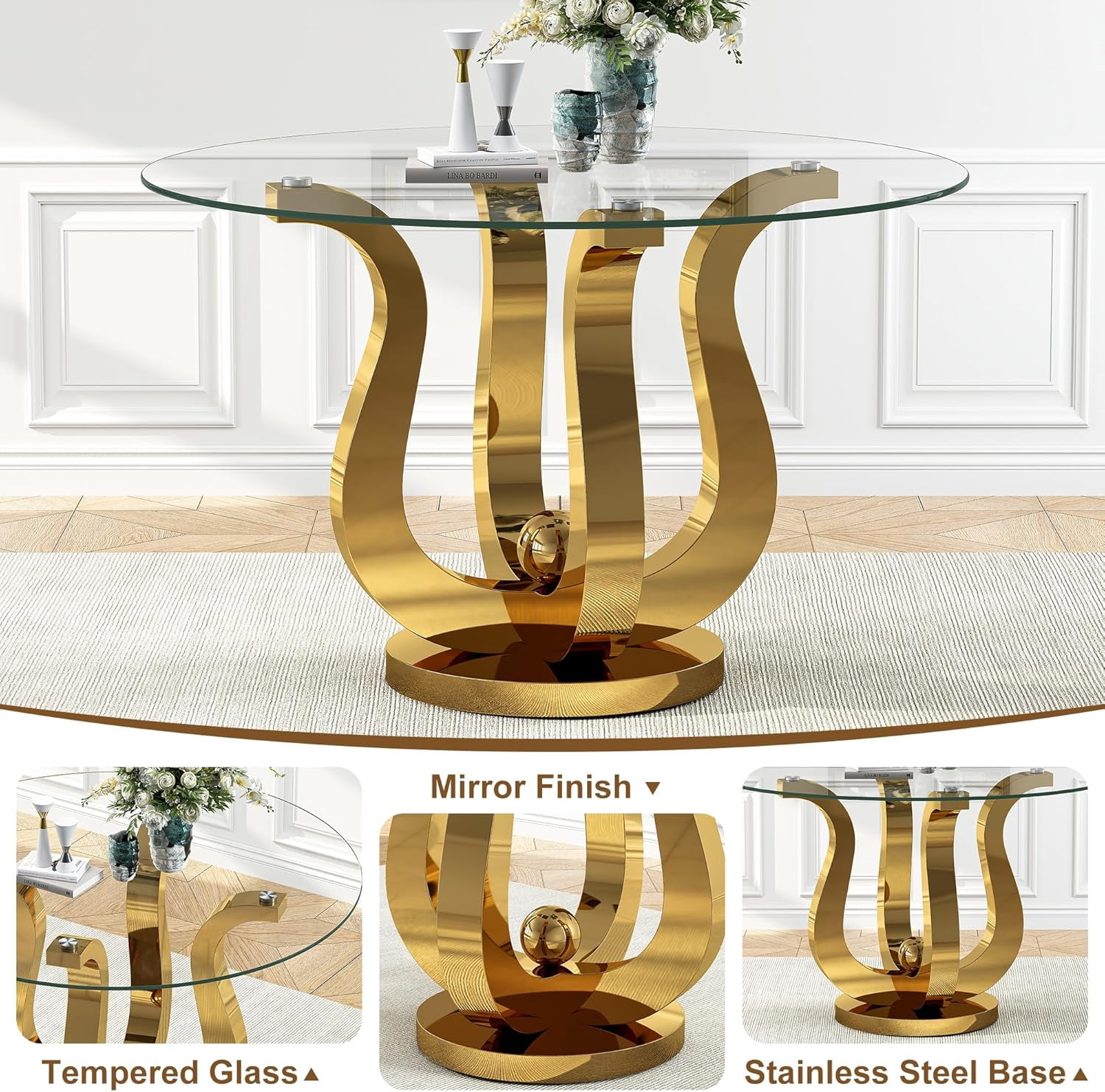 5-Piece Round Dining Table Set, Elegant Floral Stainless Steel Base with 47" Tempered Glass Top, 4 Velvet Tufted Dining Chairs, for Dining Rooms, Apartments