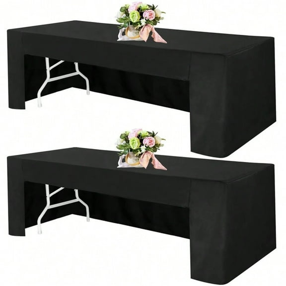 2 Pack Open Back Fitted Rectangle Tablecloths 72 X 30 Inch, Black Table Clothes For 6 Foot Tables