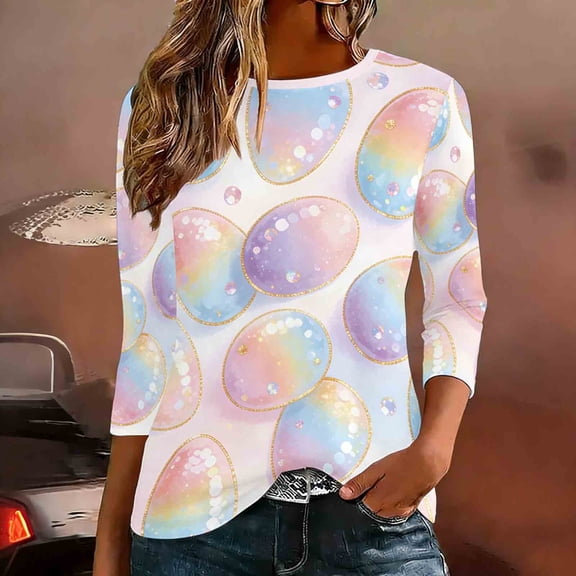 UVEASISHA Funny Easter Shirts for Women Cute Bunny Graphic Tee Crew Neck 3/4 Sleeve Casual Top Soft Loose Fit Sleepwear Blouses Beige M