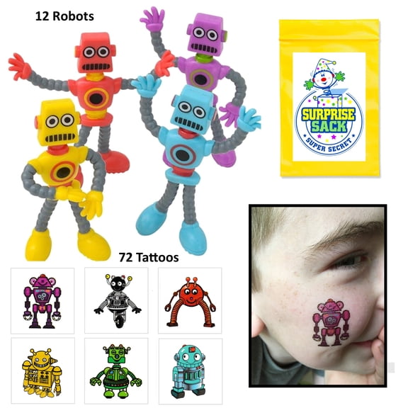 12 Bendable Robots & 72 Kid's Temporary Robot Tattoos (Great Boys Birthday Party Favors for Kids, Goodie Bag Stuffers, Return Gifts For Kids Birthday & Robot Party Supplies)