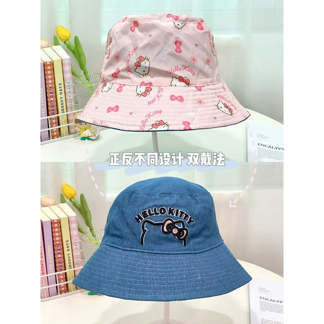 Sombrero de doble cara de Hello Kitty para niñas, Kawaii Sanrio Cinnamoroll Anime My Melody Kuromi, lindo sombrero de cubo de corazón femenino de dibujos animados, juguete