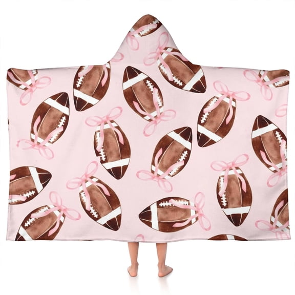 Pink Footballs with Bows Pattern Hooded Bath Towel,50"x30" for Ages 3 To 12 Kids, Quick Dry Lightweight Soft Microfiber Hood Beach Towel Cover Up for Kids