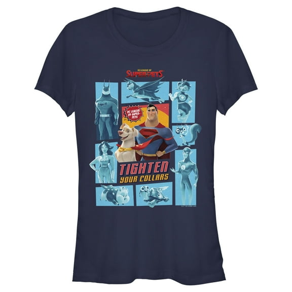 Junior's DC League of Super-Pets Tighten Your Collars Panels  Graphic Tee Navy Blue Medium