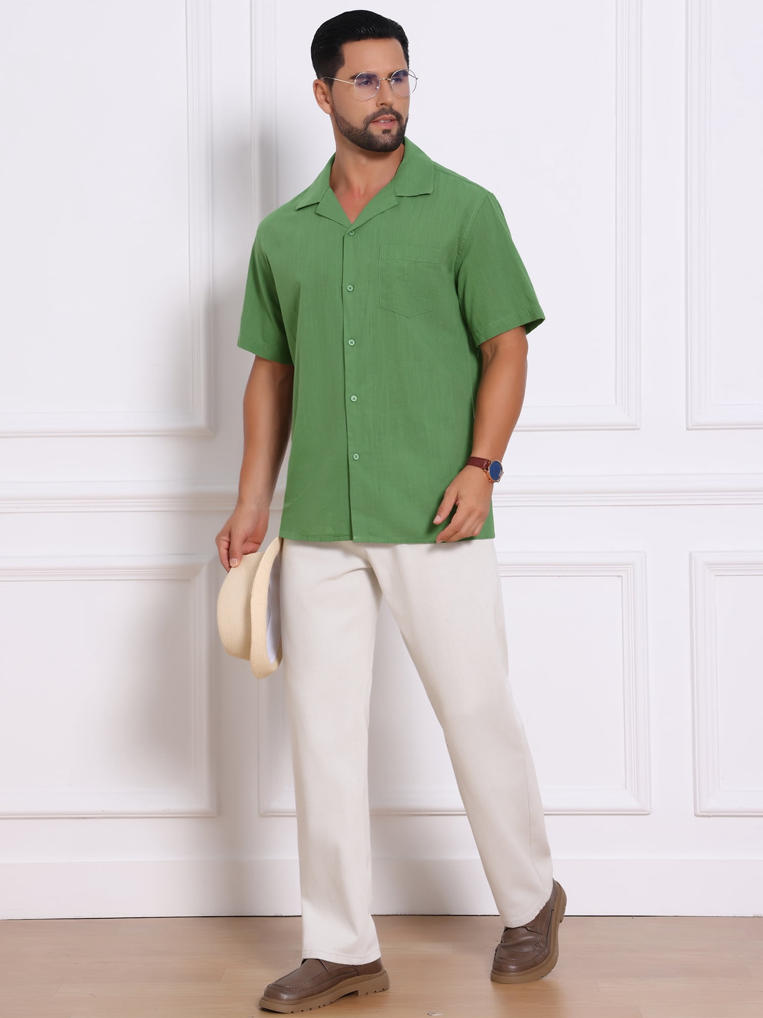 DARING DIVA Men's Camp Collar Button Down Short Sleeve Cotton Shirts L Green