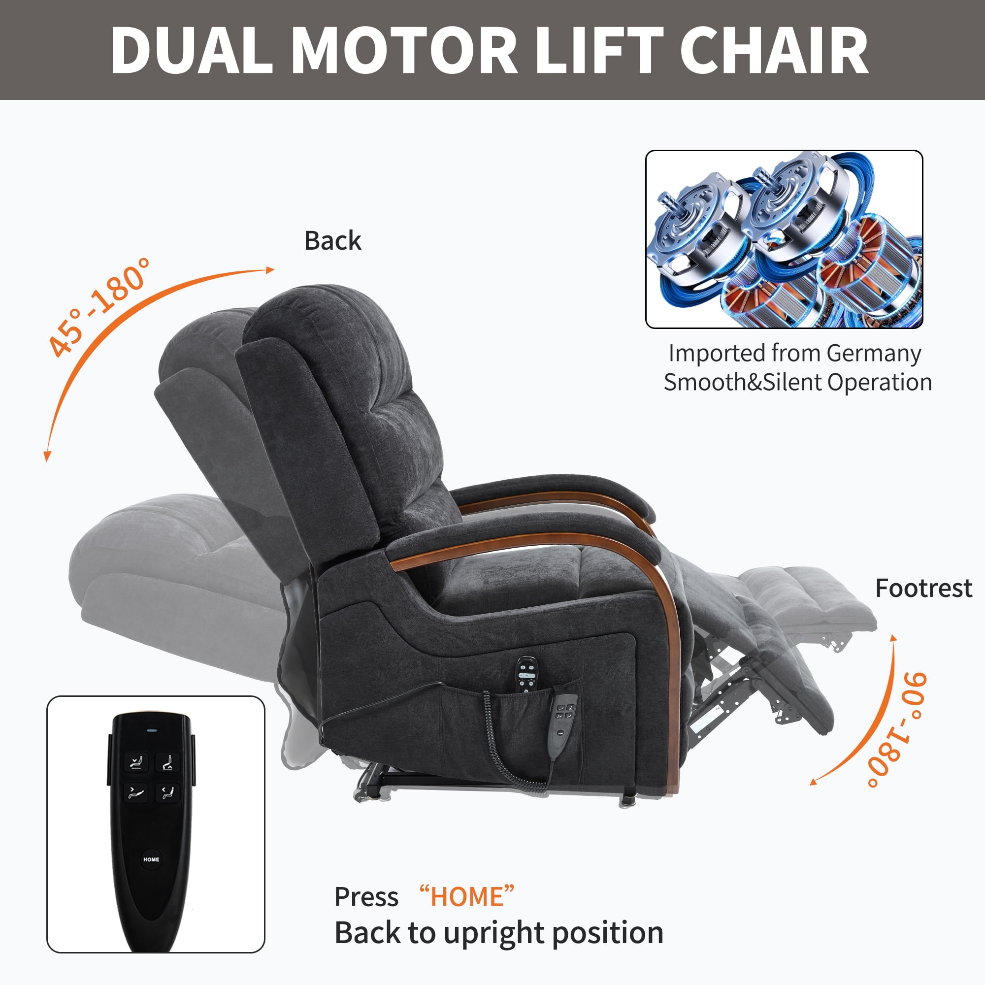 Gewnee Power Lift Recliner Chair with Heat and Massage,Lay Flat Assist Recliner with Side Pocket & Solid Wood Armrest,Lift Chair for Living Room.Black Chenille