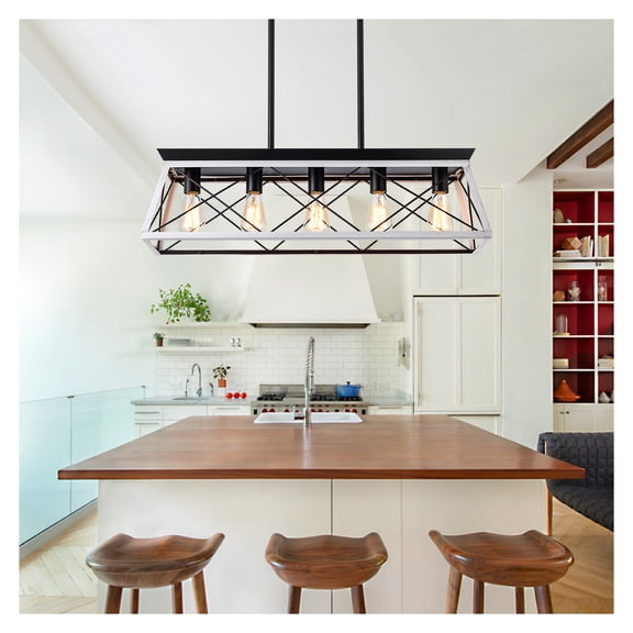 (Same as W134065438/L1001) 32" Black White Industrial 5-Light Pendant Chandelier, Modern Metal Cage Design, Adjustable Hanging Light for Dining Room, Kitchen, Living Room (No Bulbs)